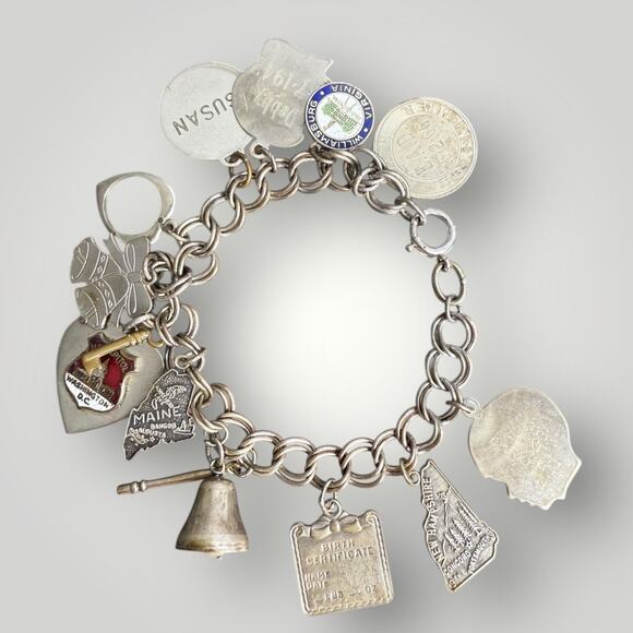 Vintage Sterling Silver Charm Bracelet  sz 7 Personalized Silhouette Charms 13pc - Picture 1 of 12